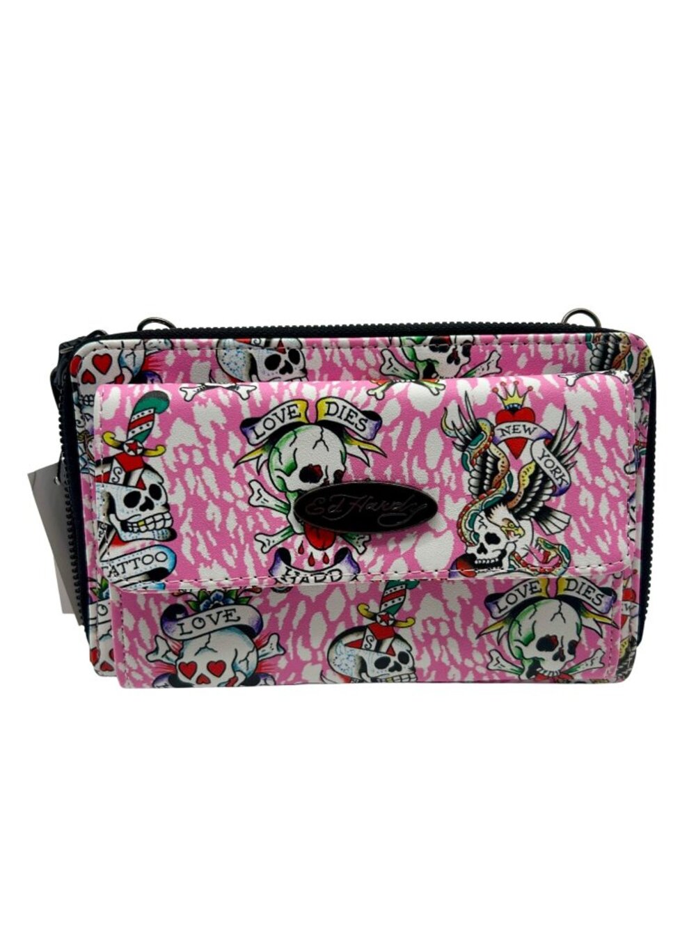 Ed Hardy Pink Faux Leather Skull Convertible Wallet